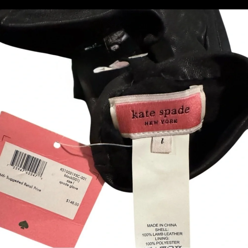 NWT Kate Spade Leather Gloves, Black, Ladies, Logo Buckle, Lg